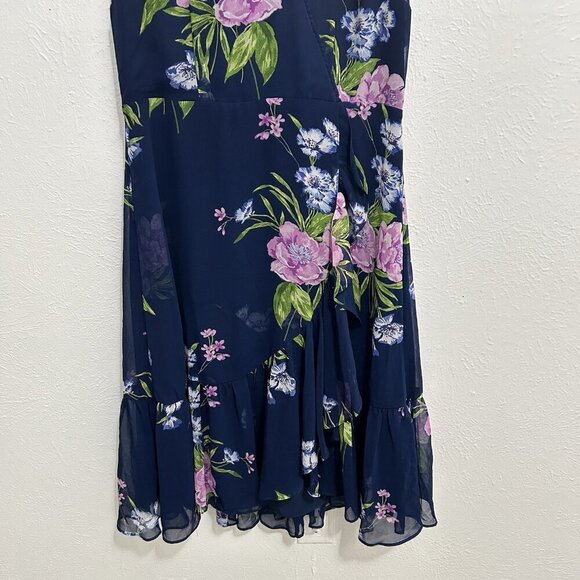 TALBOTS  GEORGETTE PAINTERLY SLEEVELESS NAVY BLUE FLORAL WRAP DRESS RUFFLE 10P - Picture 3 of 12